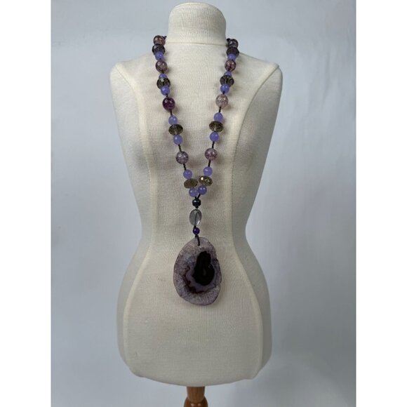 Dyed Agate Pendant Necklace With Beads & Large Purple Stone 13" Long Unique Boho - Picture 14 of 15